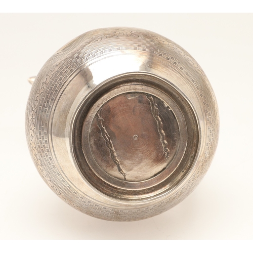 96 - A TURKISH SILVER COFFEE POT. Of baluster form, engine turned and engraved decoration, the hinged top... 