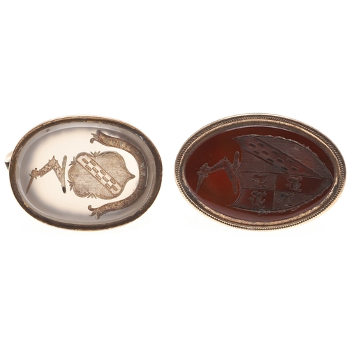 119 - TWO GEORGE 111 GOLD FOB SEALS. each with oval hardstone armorial intaglio and another small seal.