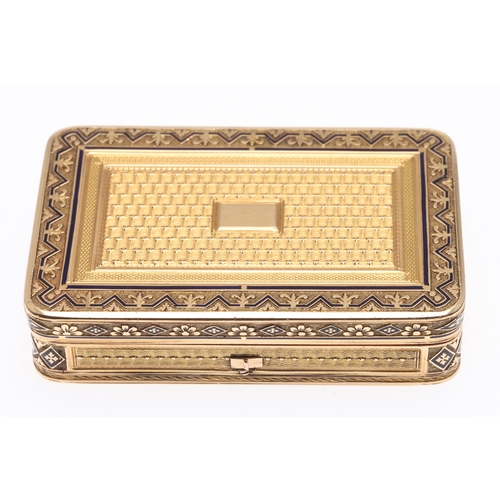 122 - A SWISS GOLD SNUFF BOX WITH MUSICAL MOVEMENT. Rectangular with rounded corners and engine turned dec... 