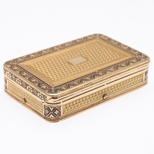 122 - A SWISS GOLD SNUFF BOX WITH MUSICAL MOVEMENT. Rectangular with rounded corners and engine turned dec... 