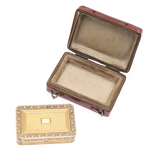 122 - A SWISS GOLD SNUFF BOX WITH MUSICAL MOVEMENT. Rectangular with rounded corners and engine turned dec... 