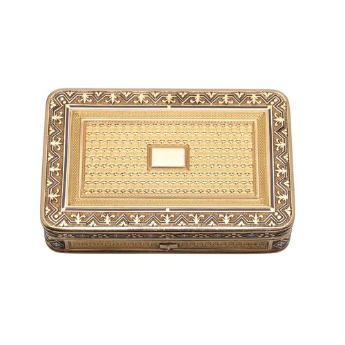 122 - A SWISS GOLD SNUFF BOX WITH MUSICAL MOVEMENT. Rectangular with rounded corners and engine turned dec... 