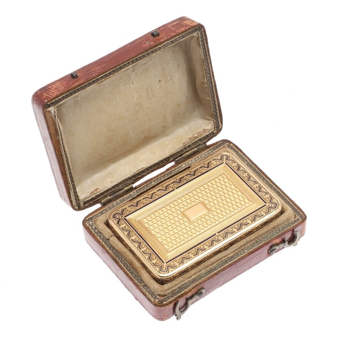 122 - A SWISS GOLD SNUFF BOX WITH MUSICAL MOVEMENT. Rectangular with rounded corners and engine turned dec... 