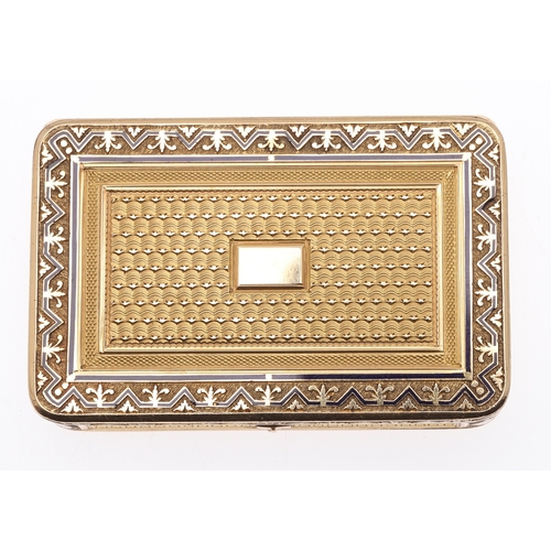 122 - A SWISS GOLD SNUFF BOX WITH MUSICAL MOVEMENT. Rectangular with rounded corners and engine turned dec... 