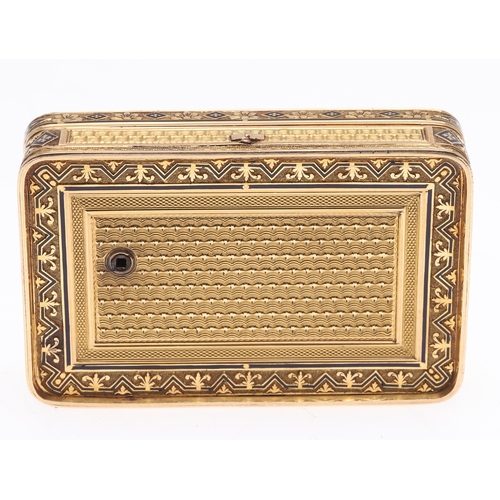 122 - A SWISS GOLD SNUFF BOX WITH MUSICAL MOVEMENT. Rectangular with rounded corners and engine turned dec... 