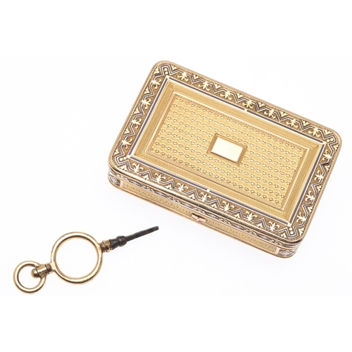 122 - A SWISS GOLD SNUFF BOX WITH MUSICAL MOVEMENT. Rectangular with rounded corners and engine turned dec... 