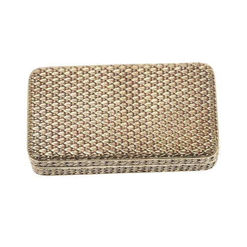 126 - A GEORGE III SILVER GILT SNUFF BOX. Of rectangular form with faux basket weave decoration, later eng... 
