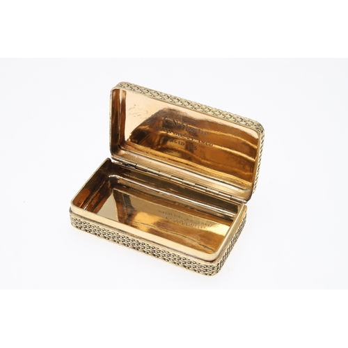 126 - A GEORGE III SILVER GILT SNUFF BOX. Of rectangular form with faux basket weave decoration, later eng... 