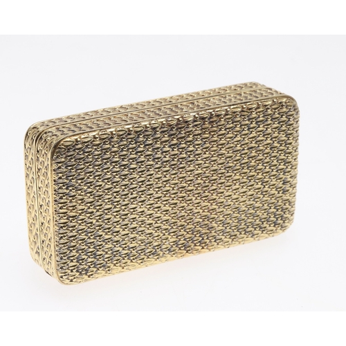 126 - A GEORGE III SILVER GILT SNUFF BOX. Of rectangular form with faux basket weave decoration, later eng... 