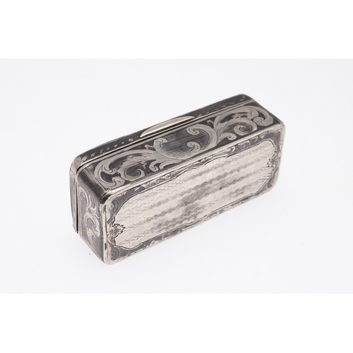 130 - A LATE 19TH CENTURY RUSSIAN SILVER AND NIELLO SNUFF BOX. The lid engraved with a city view, the side... 