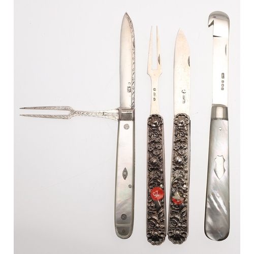 144 - A GEORGE 111 SILVER COMBINED KNIFE AND FORK , A MATCHING KNIFE AND FORK C. 1820, THREE OTHERS, VARIO... 