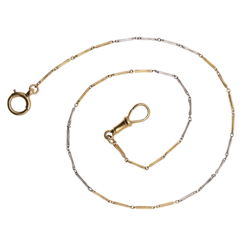 165 - AN 18CT GOLD AND PLATINUM WATCH CHAIN. with claw and bolt clasp, 32cm long, 5.1 grams.