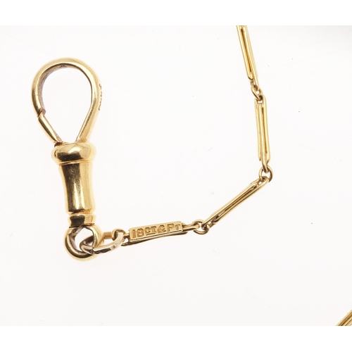 165 - AN 18CT GOLD AND PLATINUM WATCH CHAIN. with claw and bolt clasp, 32cm long, 5.1 grams.