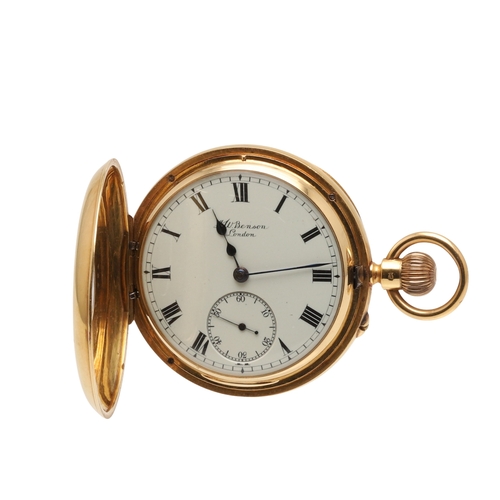 166 - AN 18CT GOLD HALF HUNTING CASED POCKET WATCH BY J.W. BENSON, LONDON. the signed white enamel dial wi... 