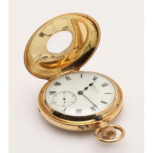 166 - AN 18CT GOLD HALF HUNTING CASED POCKET WATCH BY J.W. BENSON, LONDON. the signed white enamel dial wi... 