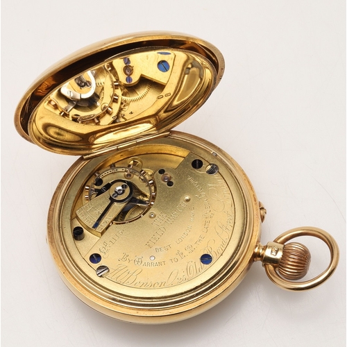 166 - AN 18CT GOLD HALF HUNTING CASED POCKET WATCH BY J.W. BENSON, LONDON. the signed white enamel dial wi... 