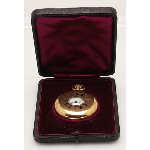 166 - AN 18CT GOLD HALF HUNTING CASED POCKET WATCH BY J.W. BENSON, LONDON. the signed white enamel dial wi... 