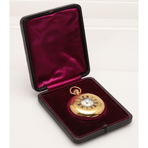 166 - AN 18CT GOLD HALF HUNTING CASED POCKET WATCH BY J.W. BENSON, LONDON. the signed white enamel dial wi... 