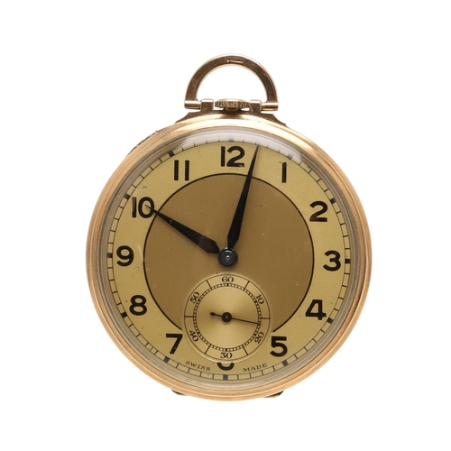 167 - A 9CT GOLD OPEN FACED POCKET WATCH. the circular gold coloured dial with Arabic numerals and subsidi... 