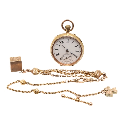 169 - A 14CT GOLD FOB WATCH. the open faced pocket watch with white enamel dial, black Roman numerals and ... 