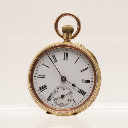 169 - A 14CT GOLD FOB WATCH. the open faced pocket watch with white enamel dial, black Roman numerals and ... 