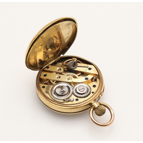 169 - A 14CT GOLD FOB WATCH. the open faced pocket watch with white enamel dial, black Roman numerals and ... 