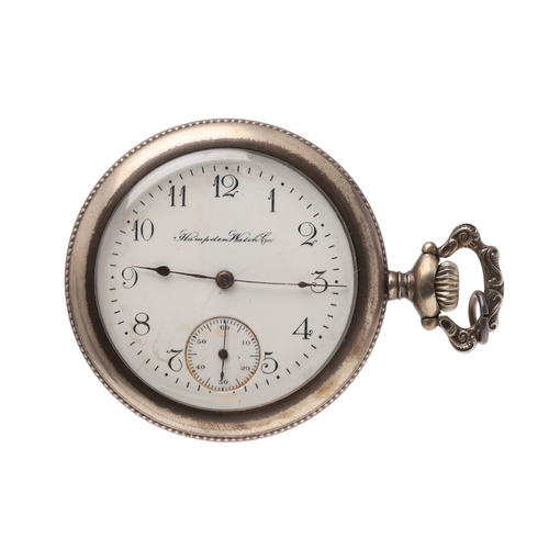 170 - A SILVER COLOURED METAL OPEN FACED POCKET WATCH BY HAMPDEN WATCH CO. the signed white enamel dial wi... 