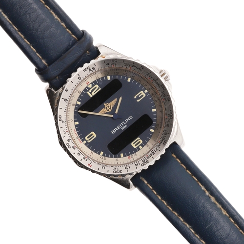 183 - A GENTLEMAN'S STAINLESS STEEL CHRONOSPACE WRISTWATCH BY BREITLING. the circular blue dial signed Bre... 