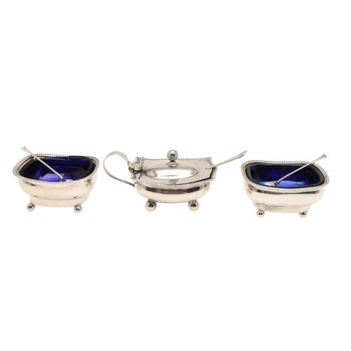 19 - A PAIR OF GEORGE III SILVER SALTS AND A MUSTARD POT. The salts (Height 4cm x Width 8.5cm x Depth 7.5... 