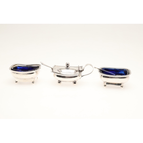 19 - A PAIR OF GEORGE III SILVER SALTS AND A MUSTARD POT. The salts (Height 4cm x Width 8.5cm x Depth 7.5... 