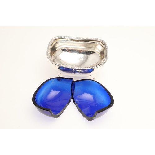 19 - A PAIR OF GEORGE III SILVER SALTS AND A MUSTARD POT. The salts (Height 4cm x Width 8.5cm x Depth 7.5... 