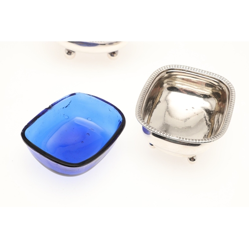 19 - A PAIR OF GEORGE III SILVER SALTS AND A MUSTARD POT. The salts (Height 4cm x Width 8.5cm x Depth 7.5... 