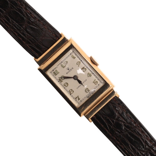 206 - A 9CT GOLD CHRONOMETER MECHANICAL WRISTWATCH BY ROLEX. the signed rectangular-shaped dial with Arabi... 