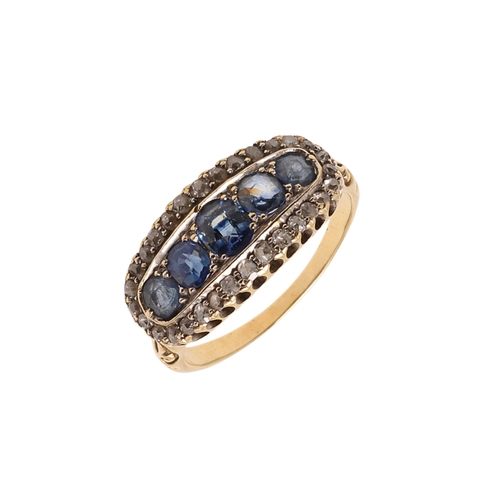 209 - A SAPPHIRE AND DIAMOND RING. the central row of graduated circular-cut sapphires is set within a sur... 