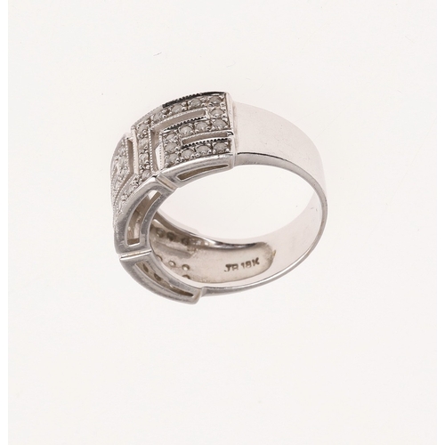 214 - A DIAMOND AND 18CT WHITE GOLD RING. the openwork design is set with circular-cut diamonds, in 18ct w... 