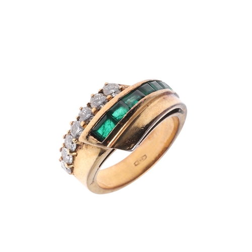 222 - AN EMERALD AND DIAMOND RING. mounted with a row of circular-cut diamonds and a row of calibre-cut em... 