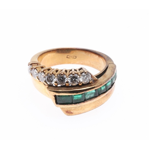 222 - AN EMERALD AND DIAMOND RING. mounted with a row of circular-cut diamonds and a row of calibre-cut em... 