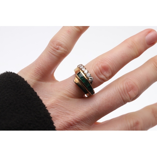 222 - AN EMERALD AND DIAMOND RING. mounted with a row of circular-cut diamonds and a row of calibre-cut em... 