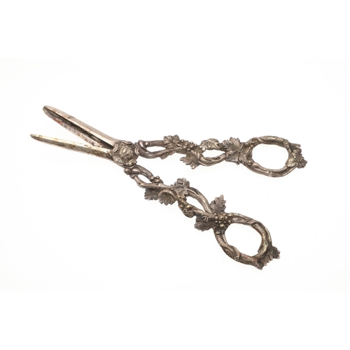 24 - A CASED PAIR OF WILLIAM IV GRAPE SCISSORS. The handles cast as openwork fruiting vines, hallmarked (... 