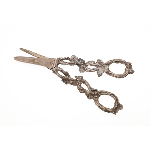 24 - A CASED PAIR OF WILLIAM IV GRAPE SCISSORS. The handles cast as openwork fruiting vines, hallmarked (... 