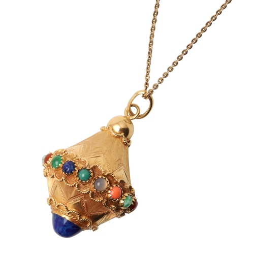 242 - A GOLD AND GEM SET PENDANT. of inverted conical shape, with engraved decoration and set with assorte... 