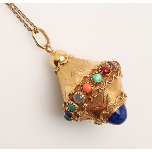242 - A GOLD AND GEM SET PENDANT. of inverted conical shape, with engraved decoration and set with assorte... 