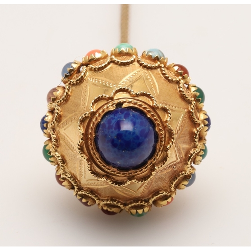 242 - A GOLD AND GEM SET PENDANT. of inverted conical shape, with engraved decoration and set with assorte... 