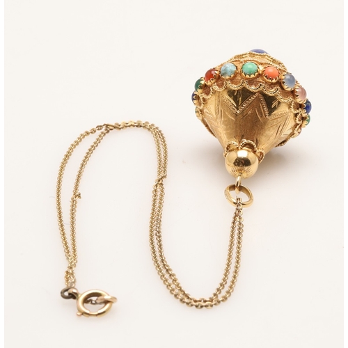 242 - A GOLD AND GEM SET PENDANT. of inverted conical shape, with engraved decoration and set with assorte... 