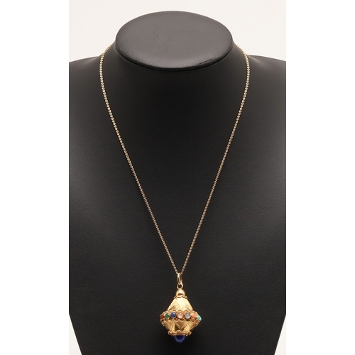 242 - A GOLD AND GEM SET PENDANT. of inverted conical shape, with engraved decoration and set with assorte... 