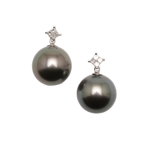 243 - A PAIR OF BLACK CULTURED PEARL AND DIAMOND STUD EARRINGS. each earring set with a cultured pearl mea... 