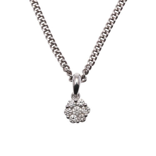 266 - A DIAMOND CLUSTER PENDANT. mounted with seven circular-cut diamonds, in 18ct white gold, on an 18ct ... 