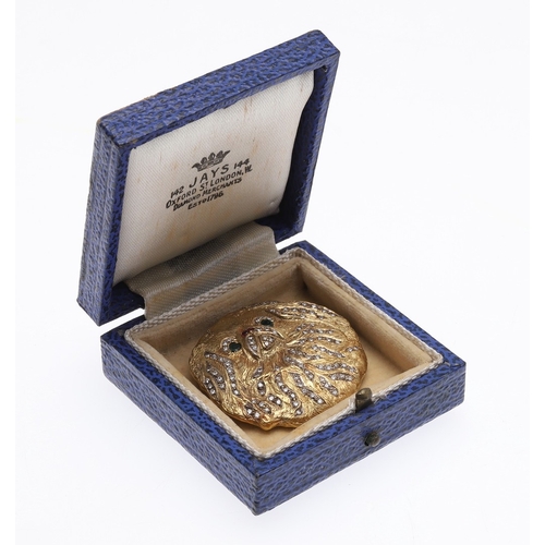 271 - A GOLD, DIAMOND AND GEM SET PEKINGESE BROOCH. set  overall with circular-cut diamonds, with green to... 