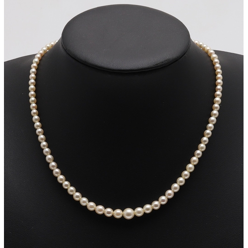 289 - A SINGLE ROW GRADUATED CULTURED PEARL NECKLACE. the pearls graduate from approximately 3.7mm to 7.4m... 