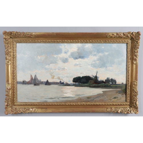 352 - EDMUND AUBREY HUNT (1855-1922). DUTCH ESTUARY SCENE WITH BOATS BESIDE A WINDMILL. Signed, also inscr... 